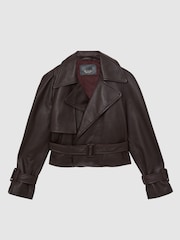 Reiss Oxblood Burgundy Bodie Leather Cropped Trench Jacket - Image 2 of 6