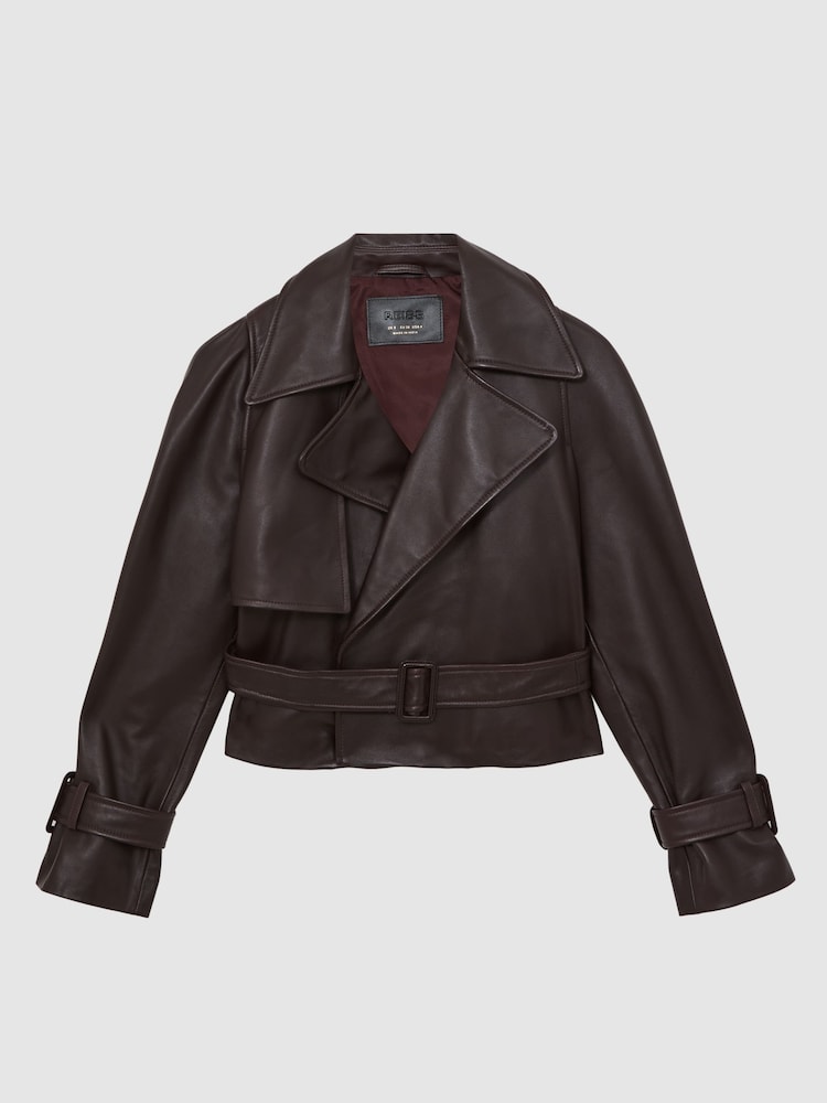 Reiss Oxblood Burgundy Bodie Leather Cropped Trench Jacket - Image 2 of 6