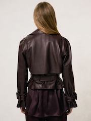 Reiss Oxblood Burgundy Bodie Leather Cropped Trench Jacket - Image 4 of 6