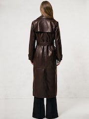 Reiss Chocolate Hattie Petite Leather Double-Breasted Trench Coat - Image 4 of 7