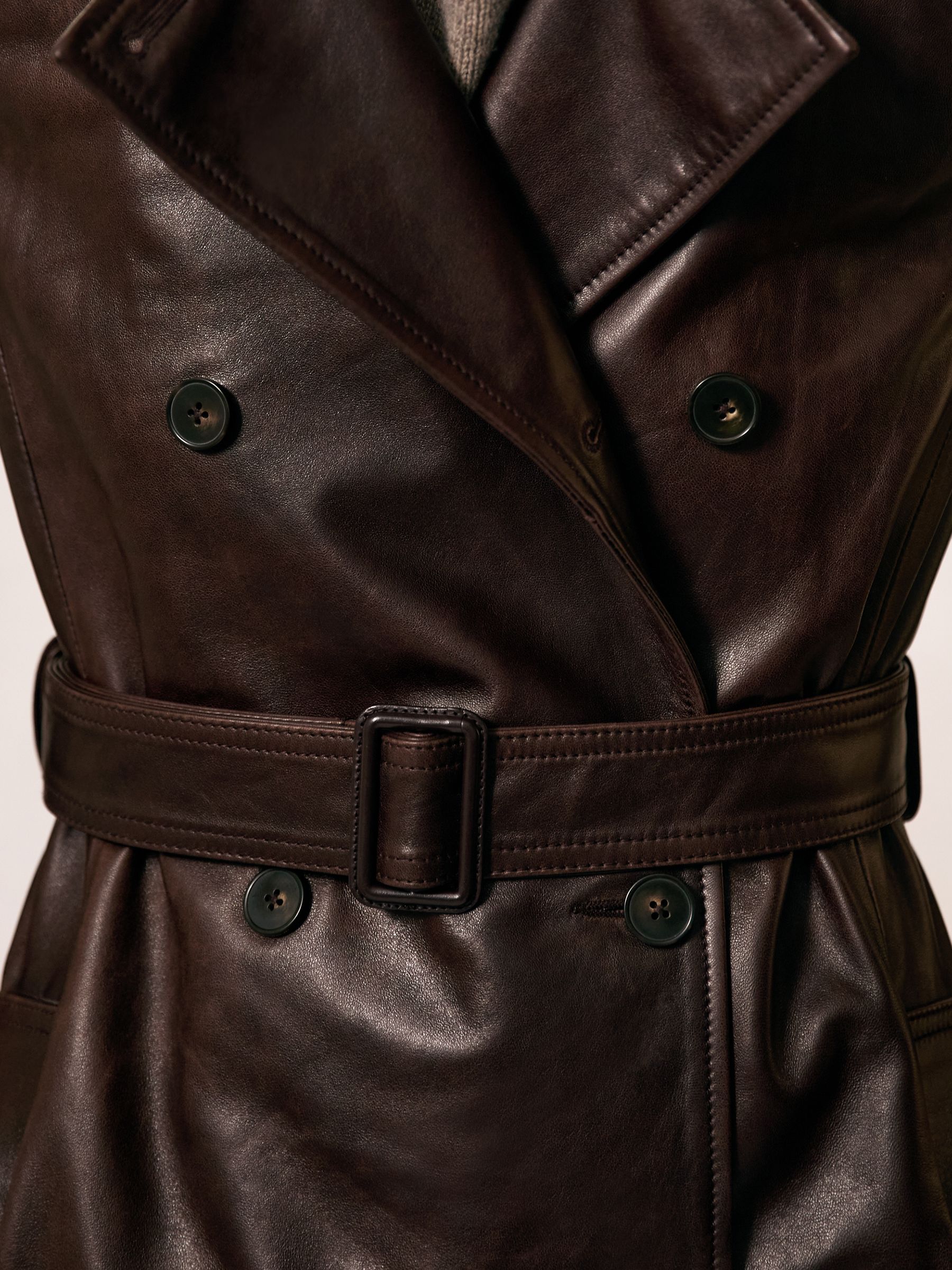 Buy Reiss Chocolate Hattie Petite Leather Double-Breasted Trench