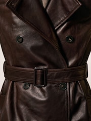 Reiss Chocolate Hattie Petite Leather Double-Breasted Trench Coat - Image 5 of 7
