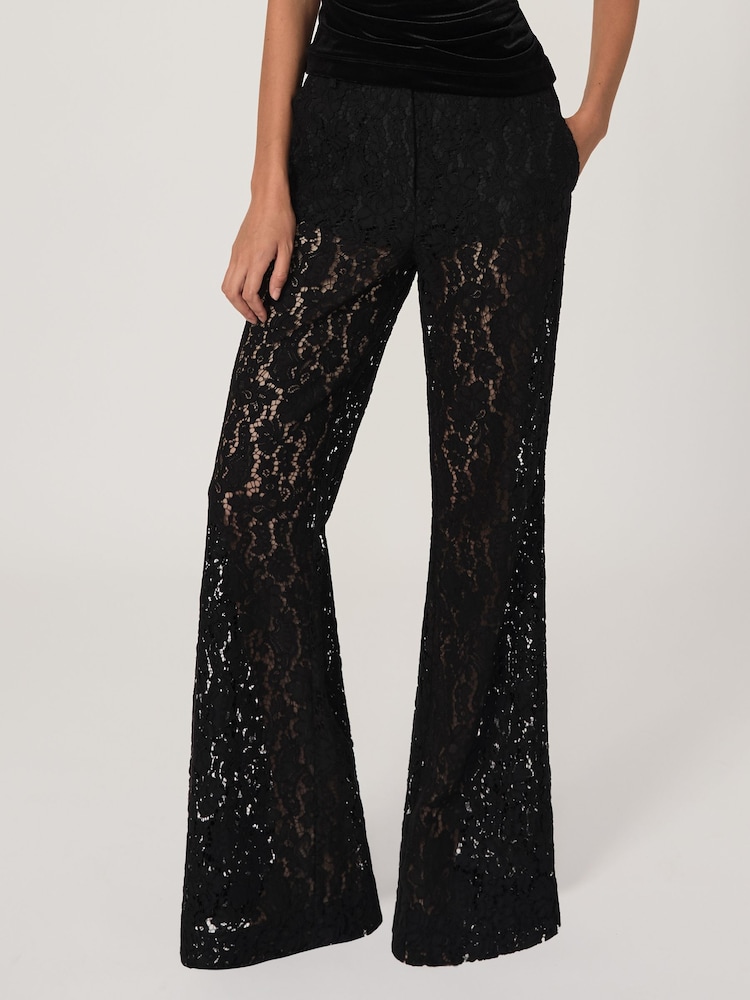 Reiss Black Delphine Lace Wide Leg Trousers - Image 1 of 7
