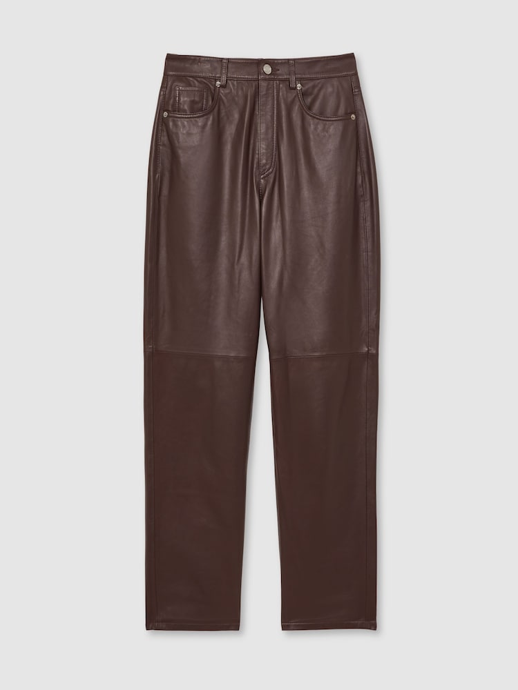 Reiss Oxblood Burgundy Verona Leather Slim-Leg Trousers - Image 2 of 5