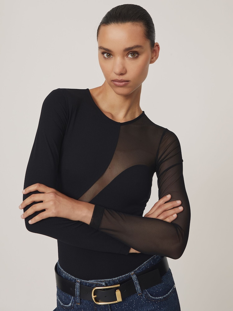 Reiss Black Evie Mesh Panel Bodysuit - Image 1 of 7 Reiss Black Evie Mesh Panel Bodysuit - Image 1 of 7
