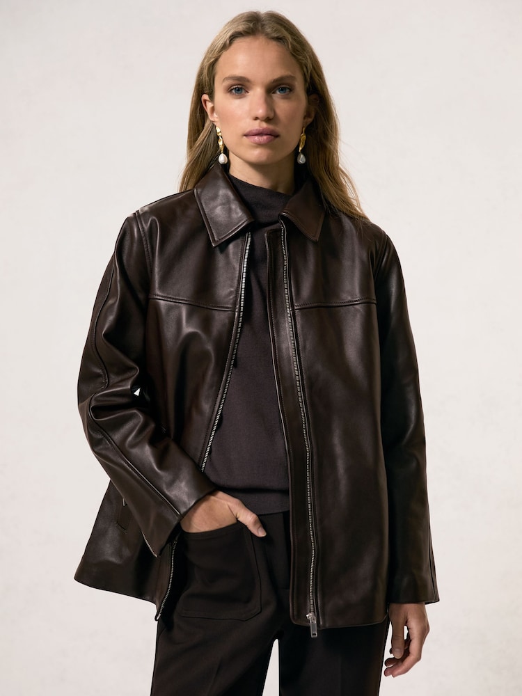 Reiss Chocolate Brown Layla Longline Leather Jacket - Image 1 of 6 Reiss Chocolate Brown Layla Longline Leather Jacket - Image 1 of 6