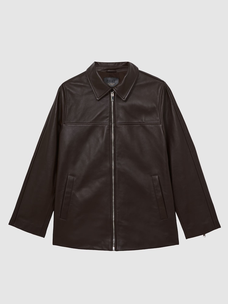 Reiss Chocolate Brown Layla Longline Leather Jacket - Image 2 of 6 Reiss Chocolate Brown Layla Longline Leather Jacket - Image 2 of 6