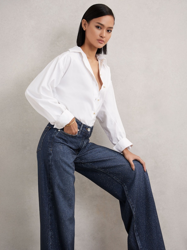 Reiss Dark Blue Mimi Wide-Leg Crystal-Embellished Jeans - Image 1 of 8 Reiss Dark Blue Mimi Wide-Leg Crystal-Embellished Jeans - Image 1 of 8