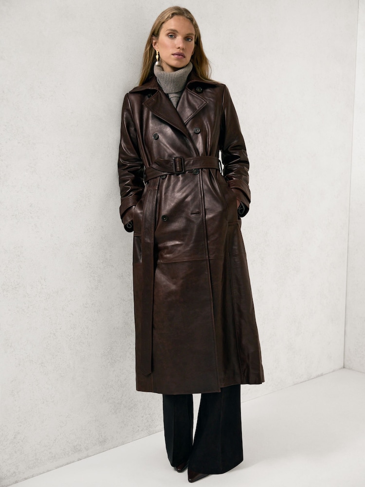 Reiss Chocolate Hattie Leather Double-Breasted Trench Coat - Image 1 of 6 Reiss Chocolate Hattie Leather Double-Breasted Trench Coat - Image 1 of 6