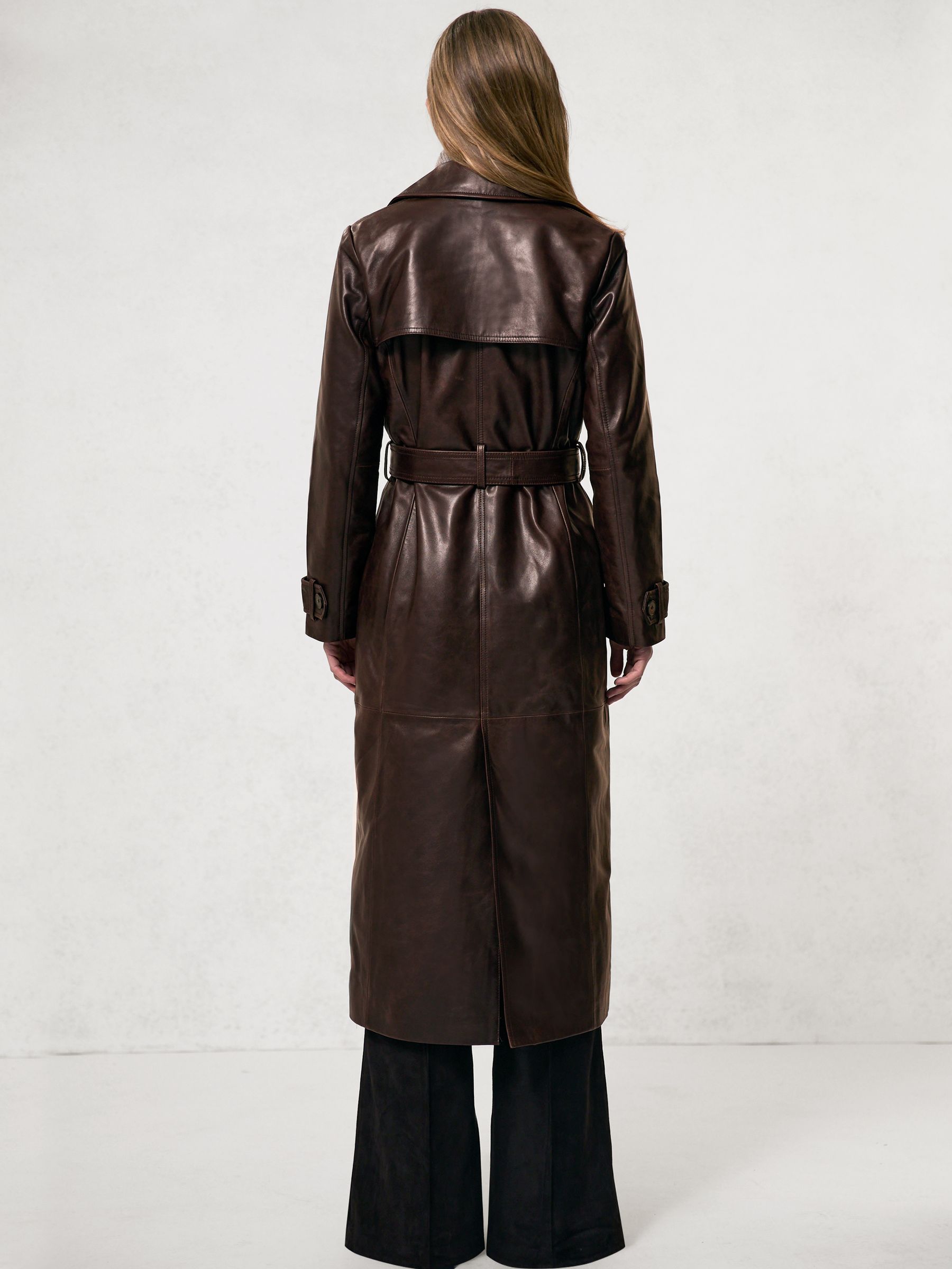 Buy Reiss Chocolate Hattie Leather Double-Breasted Trench Coat