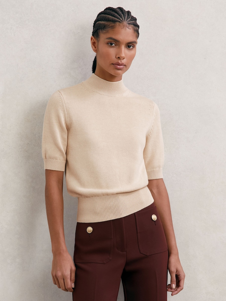 Reiss Neutral Aria Cotton and Wool Funnel-Neck Knit Top - Image 1 of 6 Reiss Neutral Aria Cotton and Wool Funnel-Neck Knit Top - Image 1 of 6