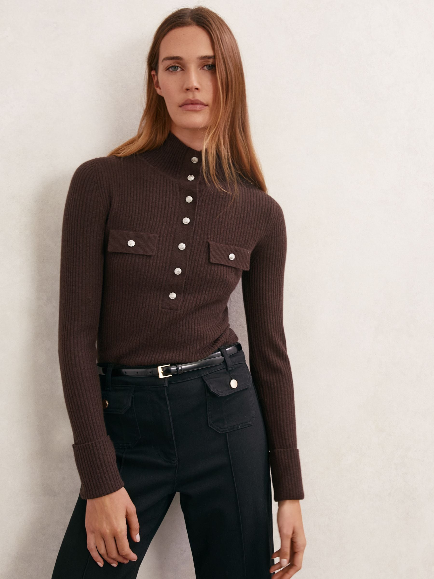 Reiss Chocolate Brown Wool Funnel-neck Half-button Jumper