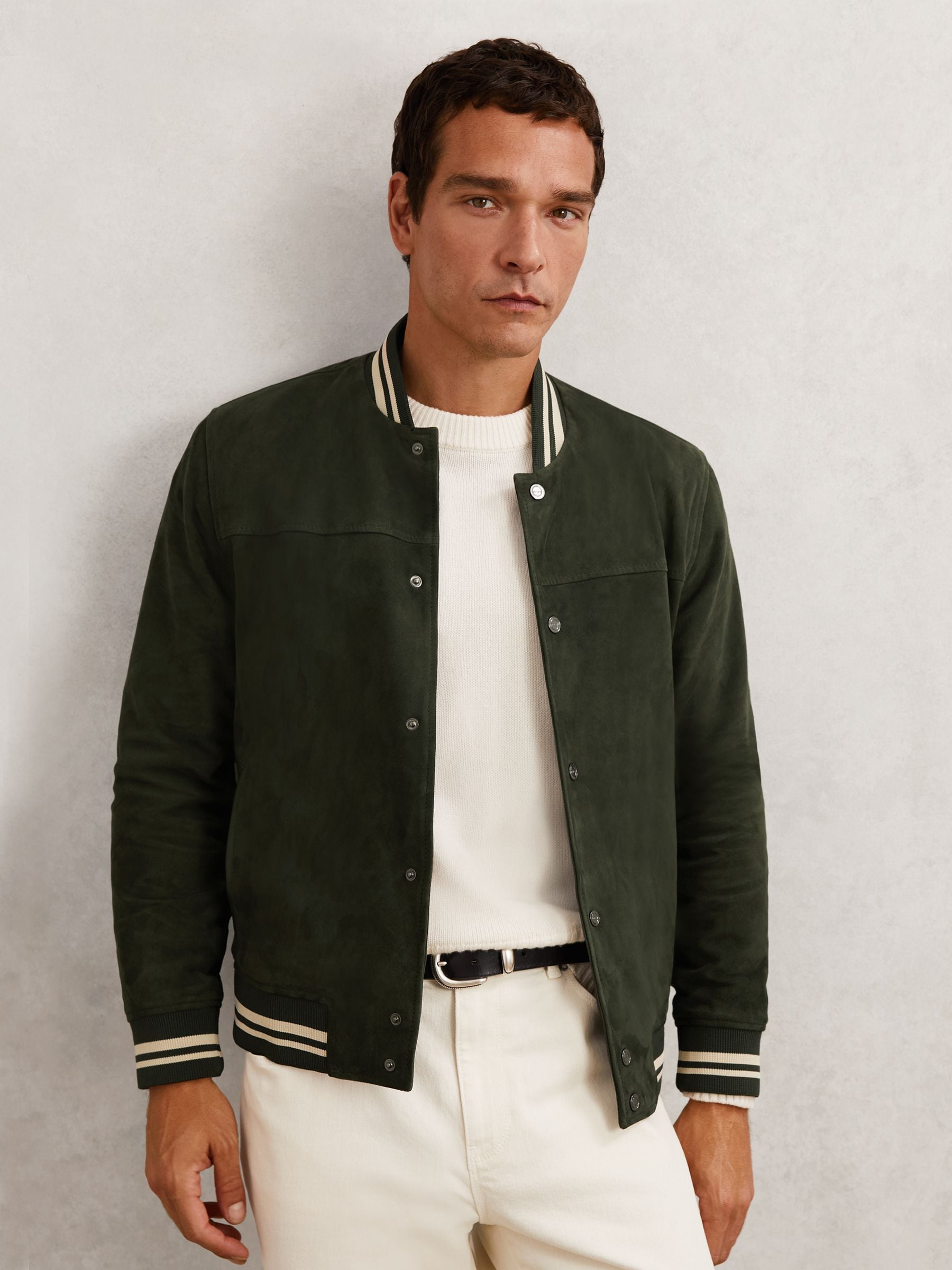 Buy Reiss Forest Green Banridge Suede Stripe-Trim Bomber Jacket