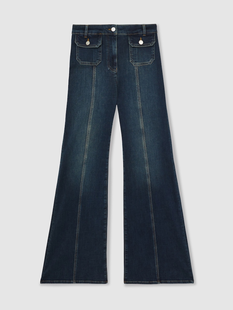 Reiss Mid Blue Glora Button-Pocket Flared Jeans - Image 2 of 7