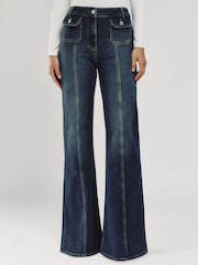 Reiss Mid Blue Glora Button-Pocket Flared Jeans - Image 3 of 7