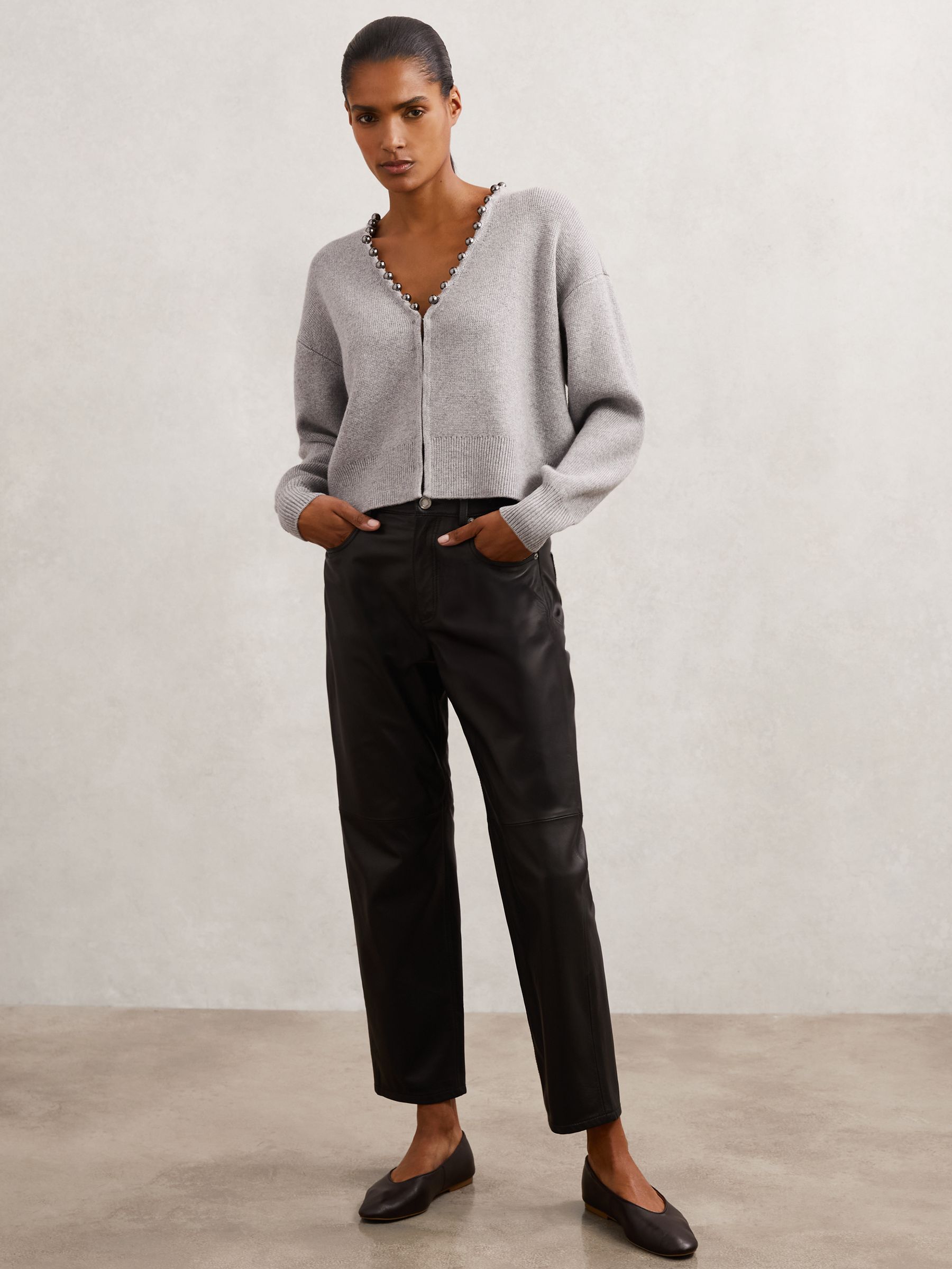 Buy Reiss Grey Sadie Wool-Blend Beaded-Trim Cardigan With Cashmere