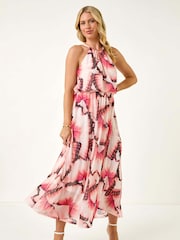 Roman Pink Petite Butterfly Halterneck Dress - Image 1 of 5