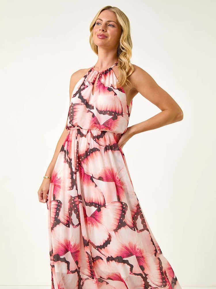 Roman Pink Petite Butterfly Halterneck Dress - Image 2 of 5