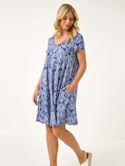 Roman Blue Petite Printed V-Neck Pocket Swing Dress - Image 2 of 5