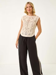 Roman Black Petite Linen Mix Side Stripe Trousers - Image 2 of 5