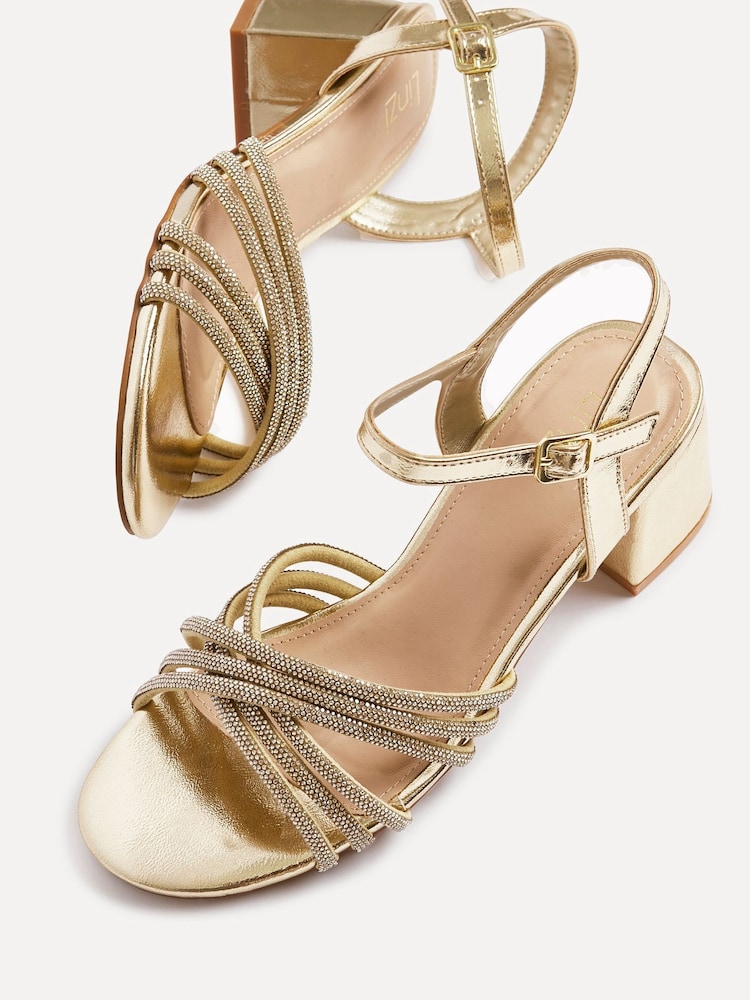 Linzi Gold Gracie Diamante Front Strap Low Block Sandals - Image 6 of 6