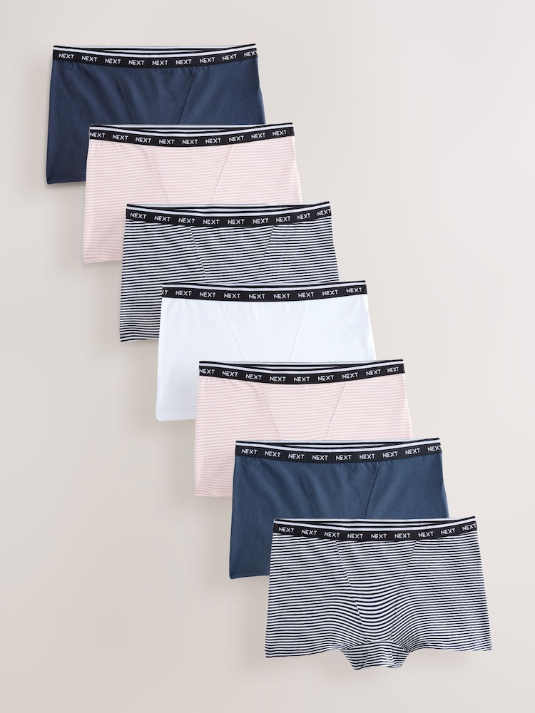 Navy/Chocolate Stripe Boyshort Cotton Logo Knickers 7 Pack - Image 1 of 10 Navy/Chocolate Stripe Boyshort Cotton Logo Knickers 7 Pack - Image 1 of 10