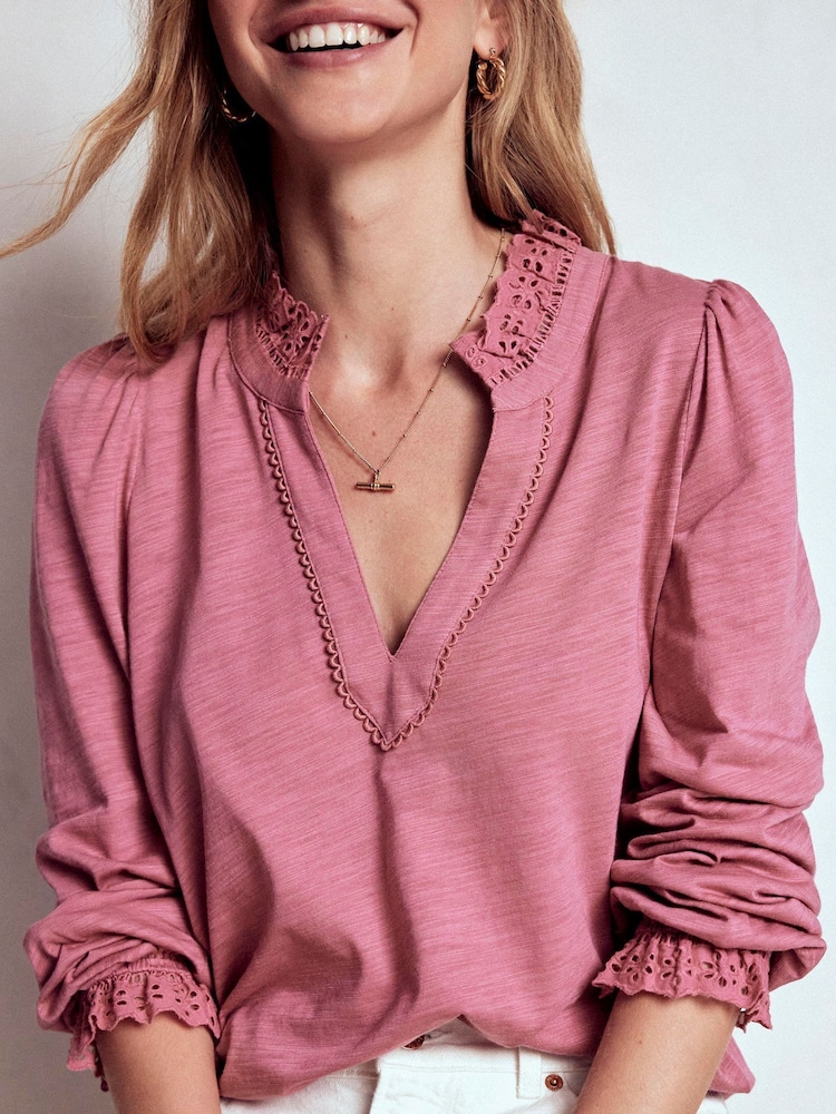 Boden Pink Aria Broderie Notch Neck Blouse - Image 2 of 5 Boden Pink Aria Broderie Notch Neck Blouse - Image 2 of 5