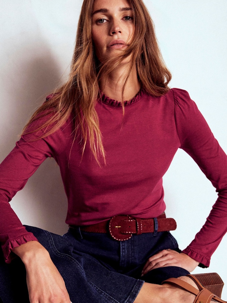 Boden Red Supersoft Frill Detail Top - Image 1 of 6 Boden Red Supersoft Frill Detail Top - Image 1 of 6