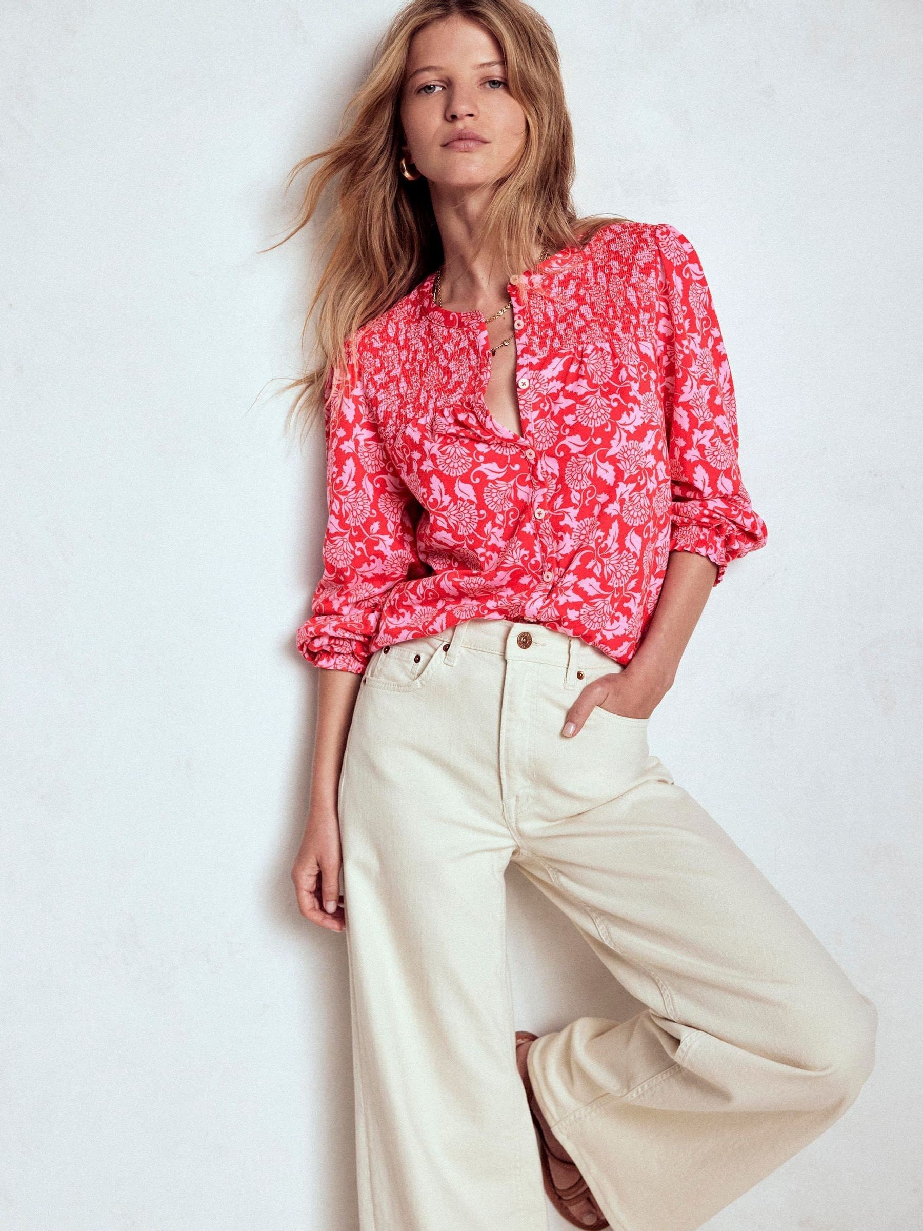 Boden Red Elsa Smocked Yoke Jersey Shirt