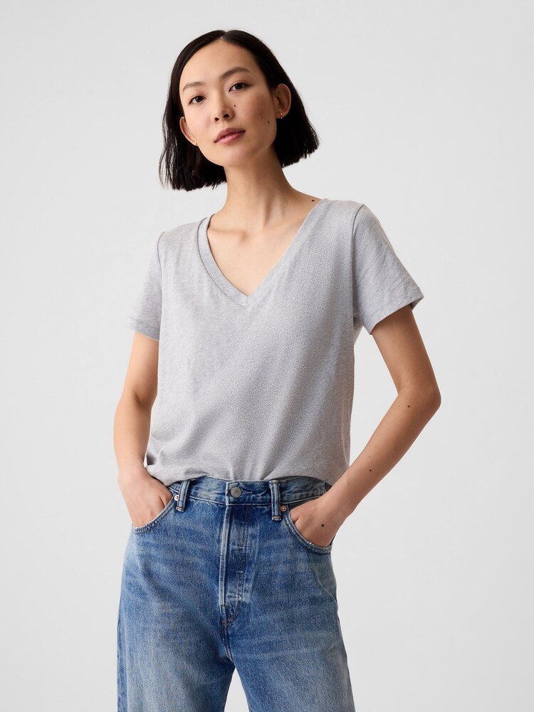 Gap Light Grey Cotton VintageSoft V-Neck T-Shirt - Image 1 of 5 Gap Light Grey Cotton VintageSoft V-Neck T-Shirt - Image 1 of 5