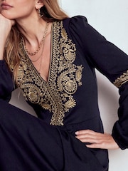 Boden Blue V-Neck Blouson Midi Dress - Image 2 of 6