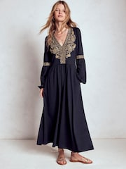 Boden Blue V-Neck Blouson Midi Dress - Image 4 of 6