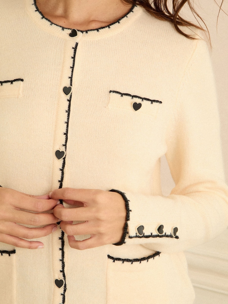 Love & Roses Ivory Heart Button Detail Crew Neck Knitted Cardigan - Image 2 of 4