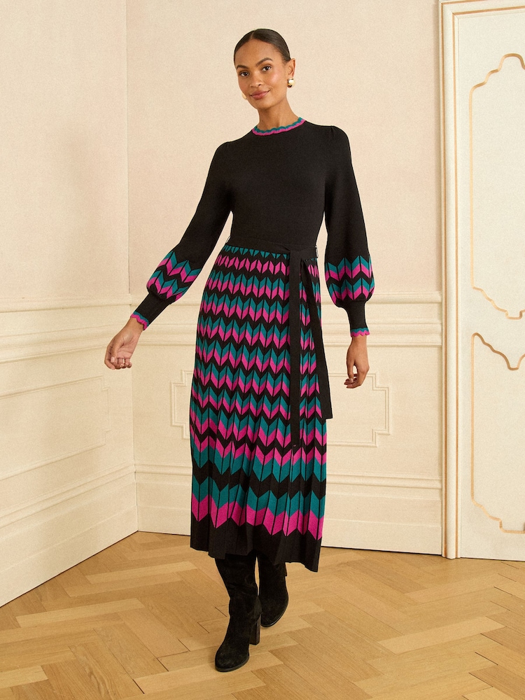 Love & Roses Black Multi Chevron Petite Scallop Knitted Midi Dress - Image 1 of 4 Love & Roses Black Multi Chevron Petite Scallop Knitted Midi Dress - Image 1 of 4