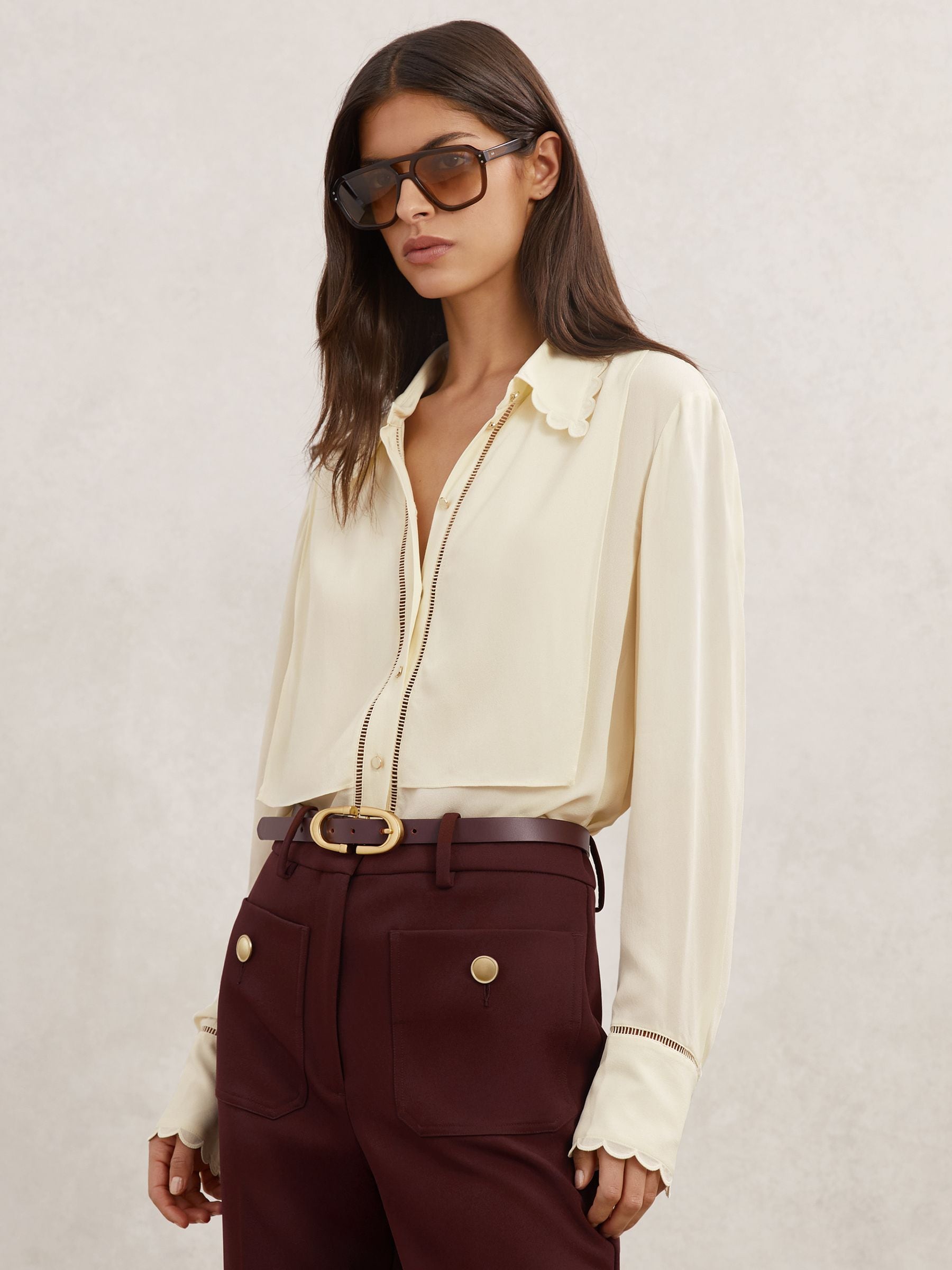 Reiss Cream Scallop-trim Ladder-stitch Shirt In White