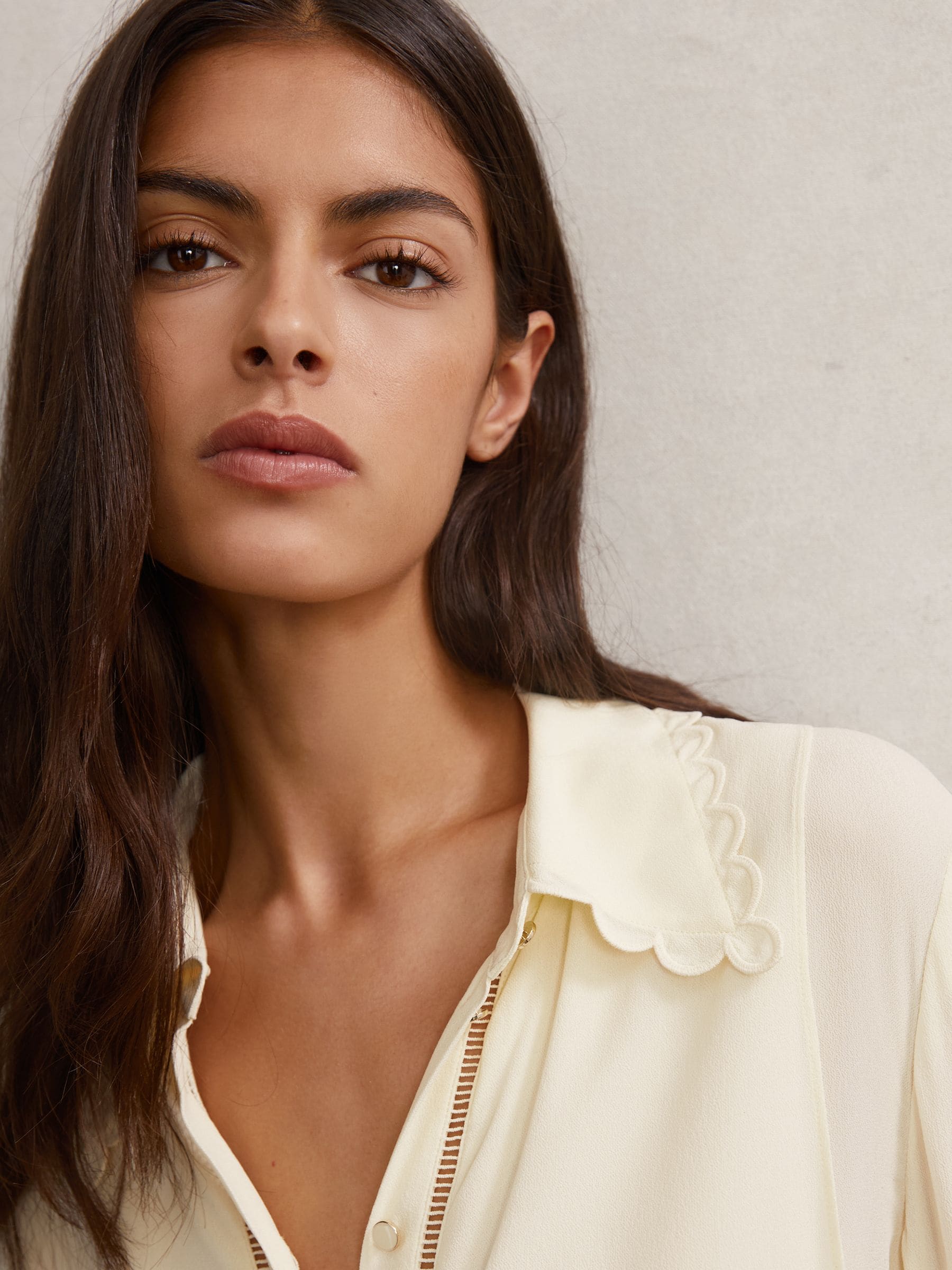 Buy Reiss Cream Clara Scallop-Trim Ladder-Stitch Shirt from the