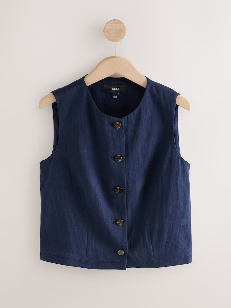 Navy Button Front Waistcoat - Image 1 of 4 Navy Button Front Waistcoat - Image 1 of 4