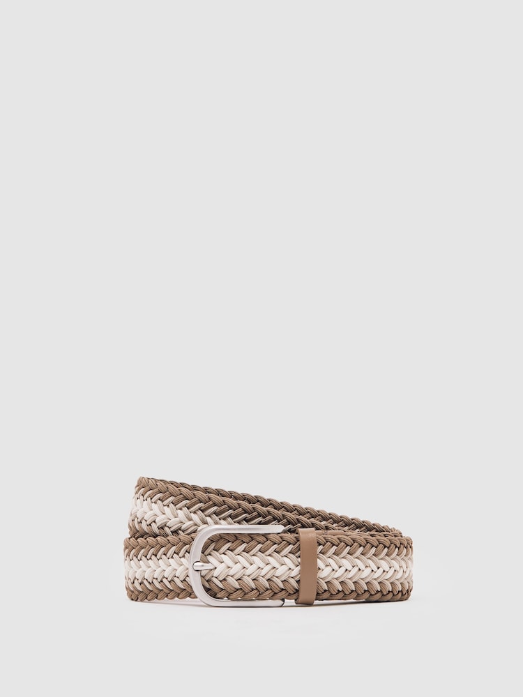 Reiss Taupe Brown/Off White Ellis Woven Stripe Belt - Image 1 of 5