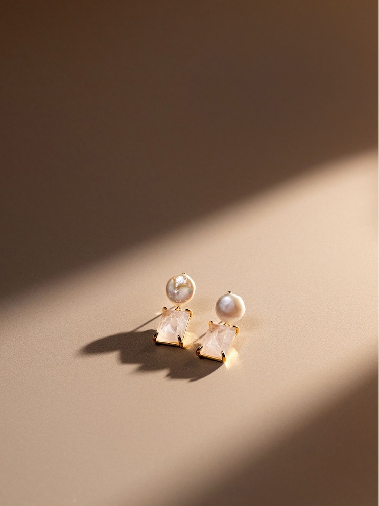 Orelia London Gold Tone Pearl & Rose Quartz Drop Earrings - Image 2 of 2
