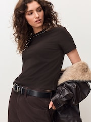 Chocolate Brown Embellished Neck Chain Short Sleeve Crew Neck T-Shirt - Image 4 of 9