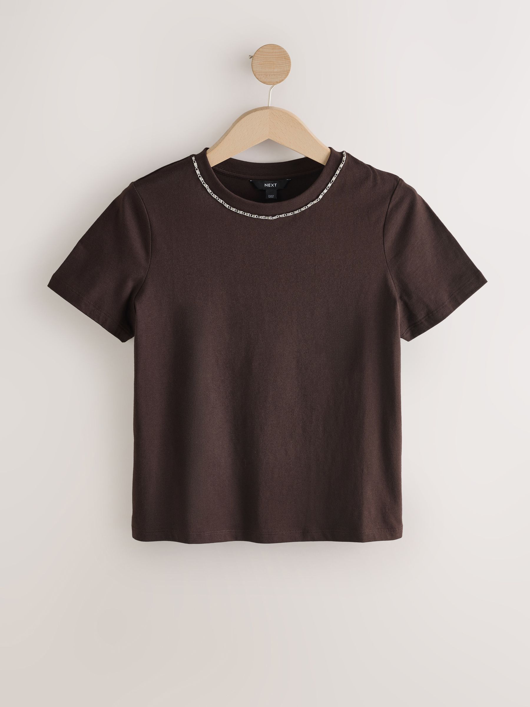 Buy Chocolate Brown Embellished Neck Chain Short Sleeve Crew Neck