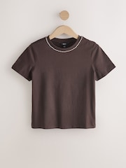 Chocolate Brown Embellished Neck Chain Short Sleeve Crew Neck T-Shirt - Image 7 of 9
