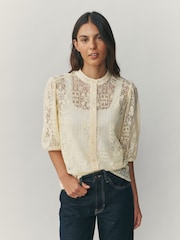 Lemon Yellow Lace Half Sleeve Blouse - Image 1 of 8