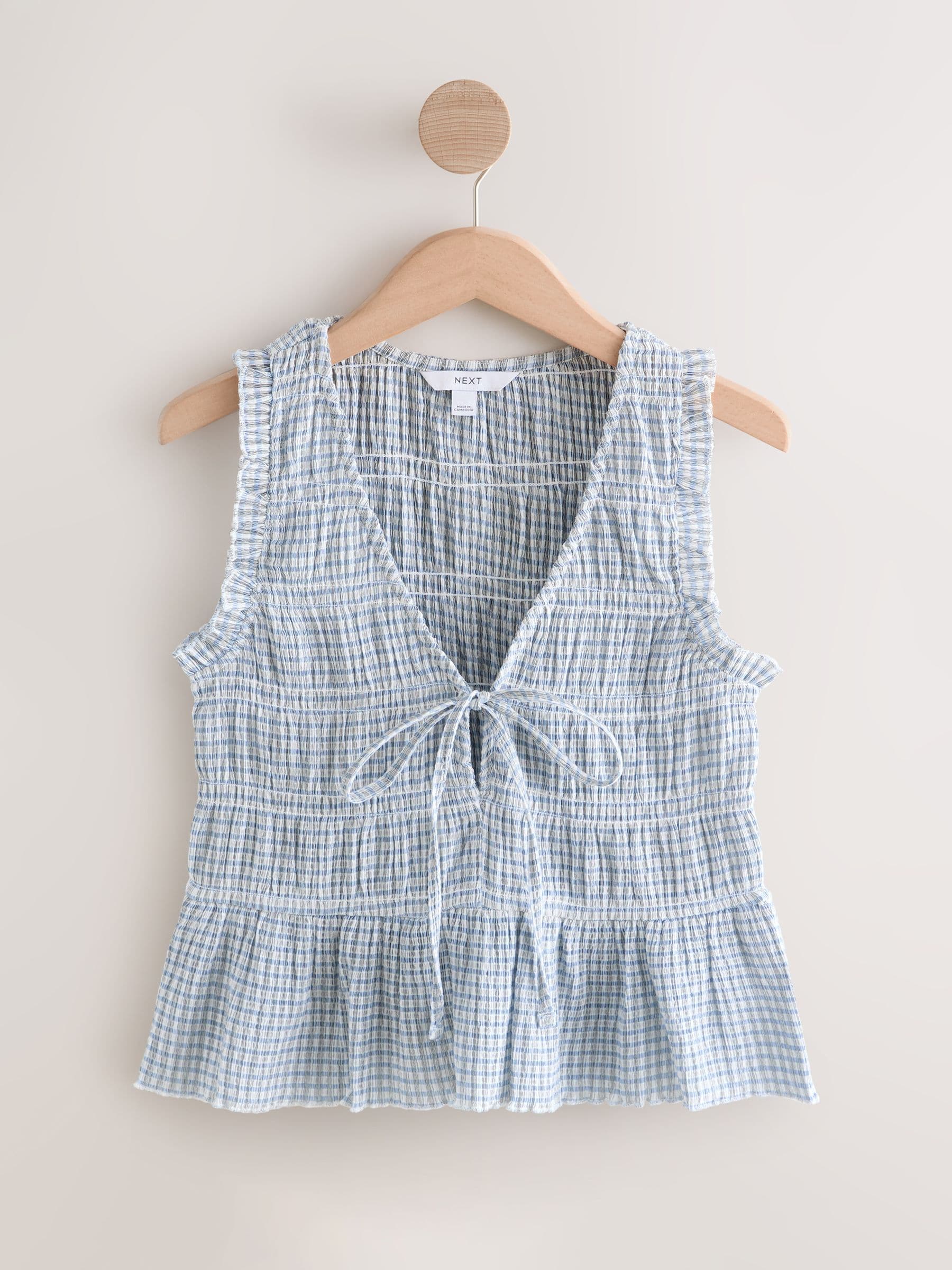 Buy Blue Gingham Shirred Tie Front Sleeveless Top from Next USA