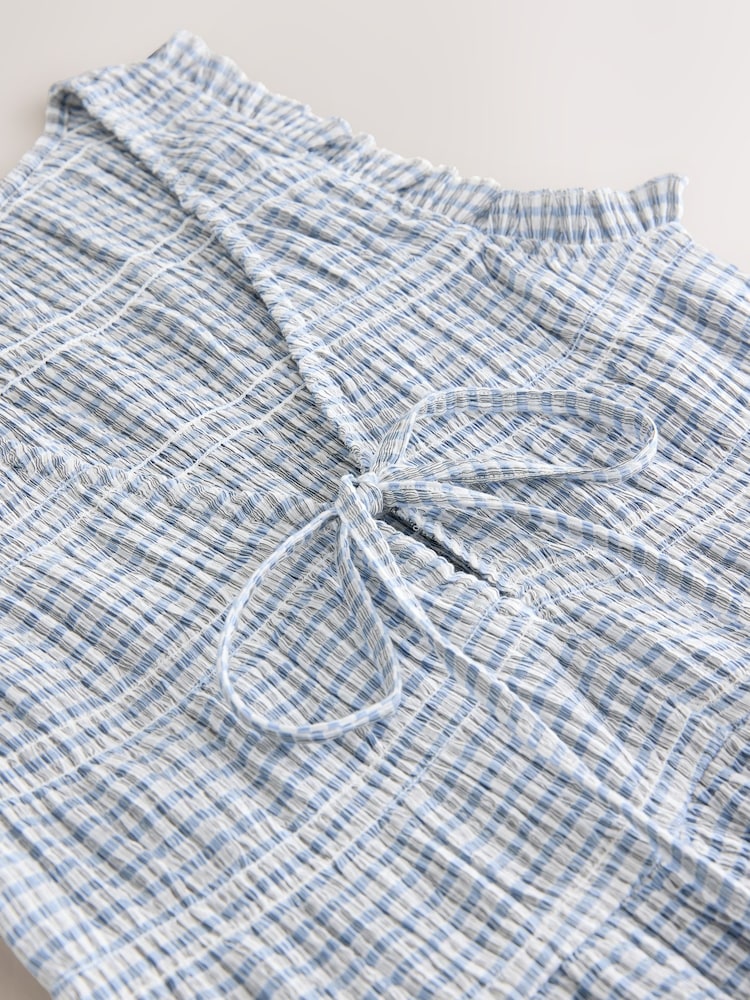 Blue Gingham Shirred Tie Front Sleeveless Top - Image 7 of 7 Blue Gingham Shirred Tie Front Sleeveless Top - Image 7 of 7