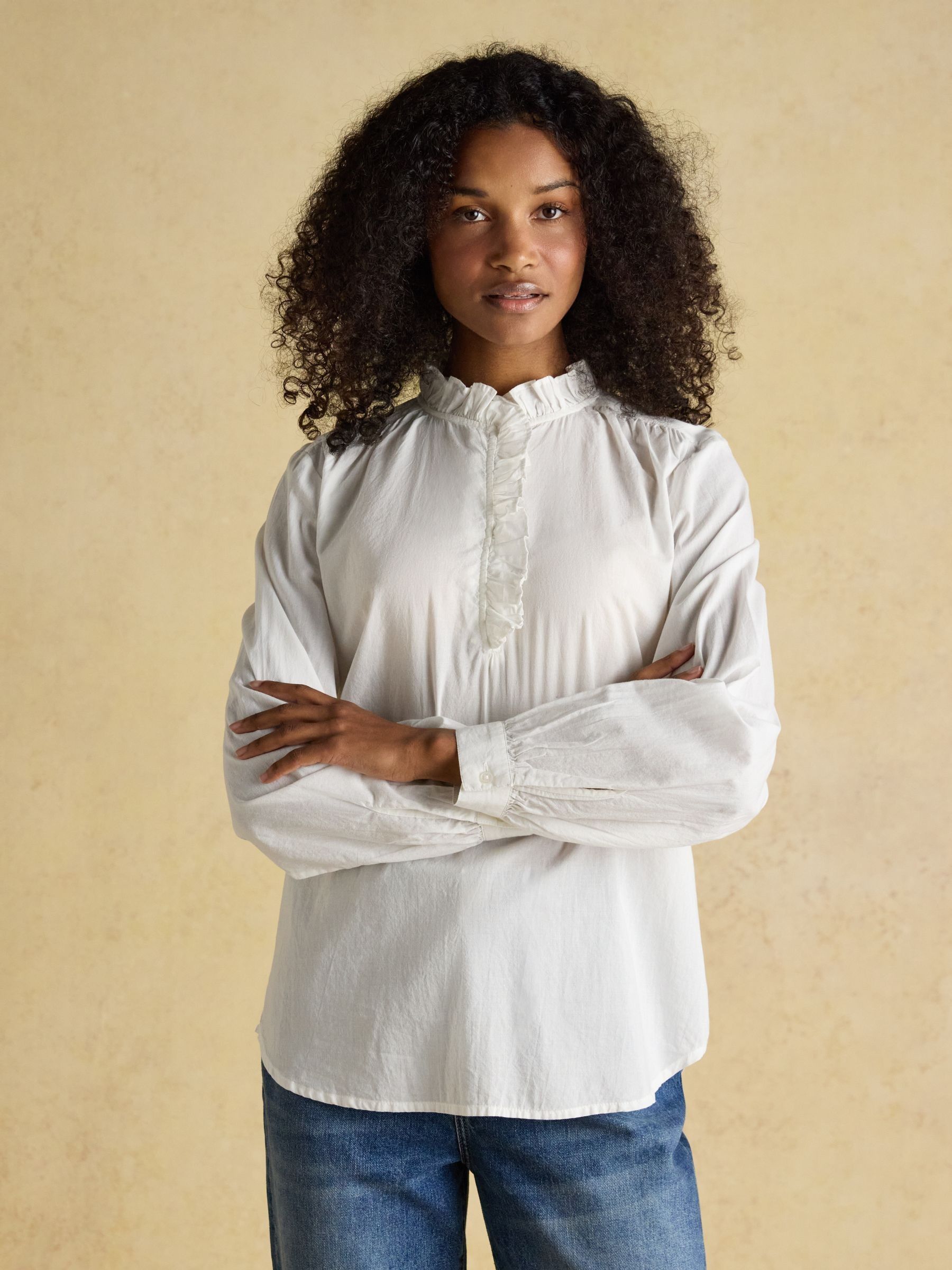Buy Joules Melanie White Long Sleeve Blouse with Ruffle Neck from