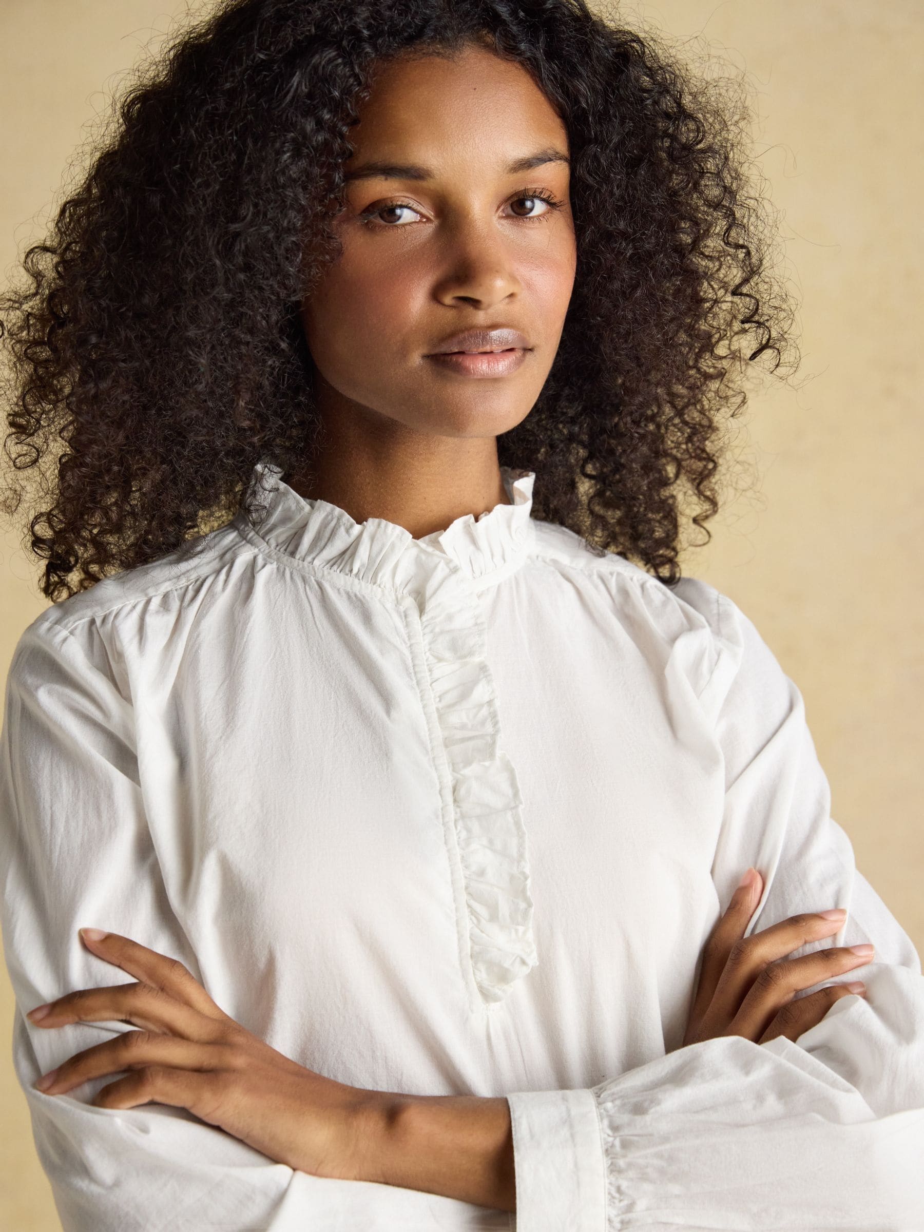 Buy Joules Melanie White Long Sleeve Blouse with Ruffle Neck from
