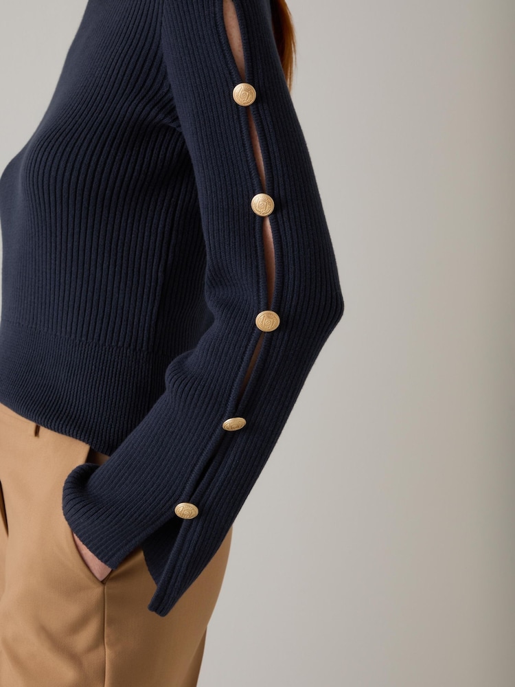 LK Bennett Blue Mirren Midnight Plain Shank Button Jumper - Image 4 of 4