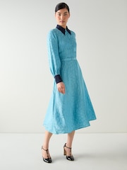 LK Bennett Blue Henri Rope Jacquard Print Silk Blend Contrast Shirt Dress - Image 1 of 4