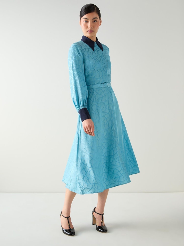 LK Bennett Blue Henri Rope Jacquard Print Silk Blend Contrast Shirt Dress - Image 1 of 4
